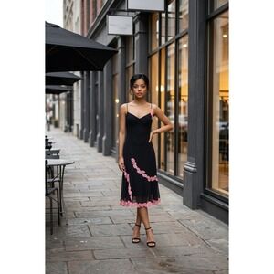 RARE BCBGMAXAZRIA Black Midi Dress Pink Floral Lace Trim Sweetheart Slip Dress 6